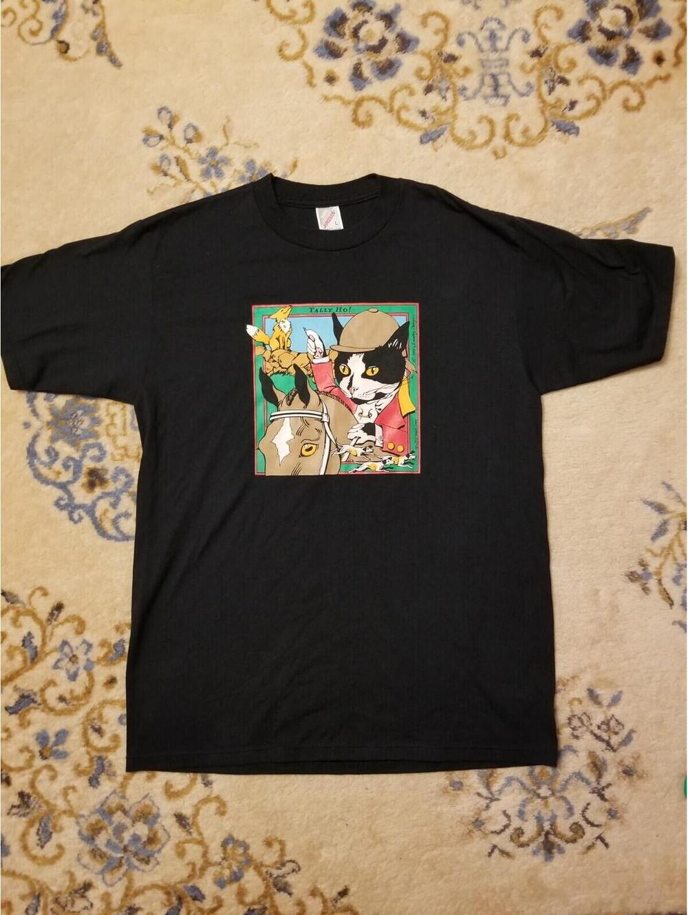 Rare Vtg 90s Tally Ho! Puss Boots Cat Horse Riding Portrait Shirt Black Mens L - Picture 2 of 7